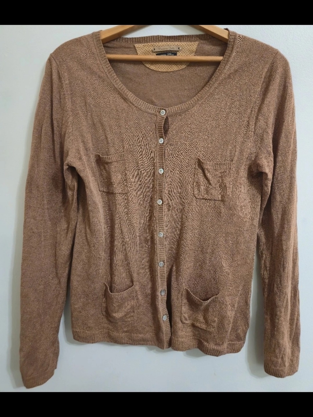Massimo Dutti Brown 100% Linen Knit Button Front Pocket Cardigan Sweater M